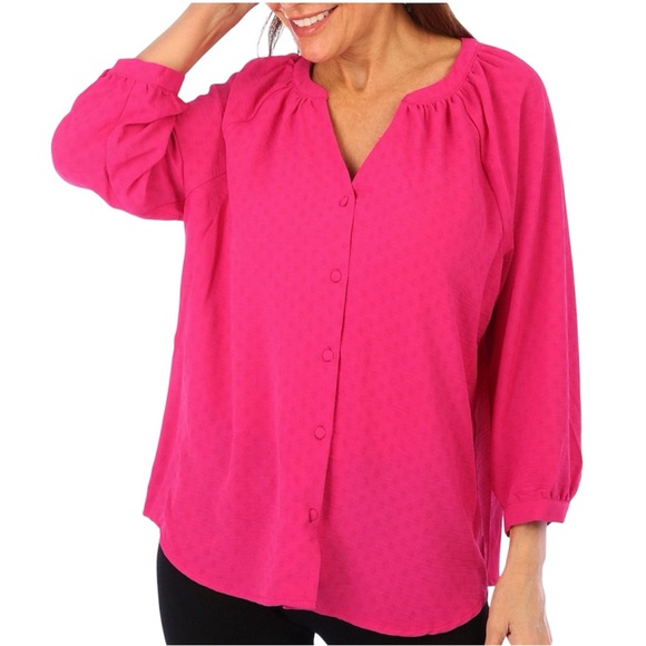 Adrienne Vittadini Fuchsia 3/4 Balloon Sleeve Button-Up Blouse NWT Size XL - Picture 8 of 9